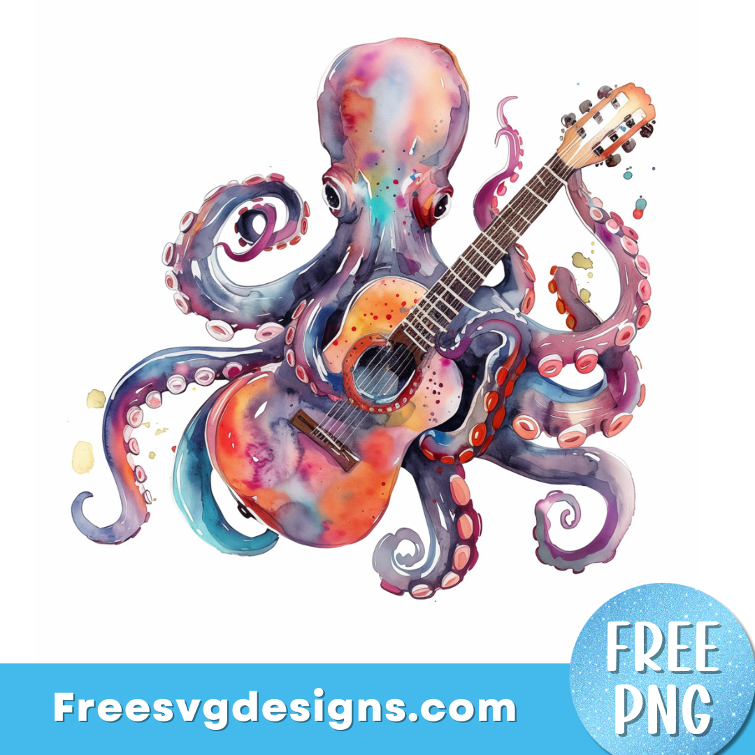 Octopus PLaying the Guitar | Octopus PNG Free Sublimation Design 3349